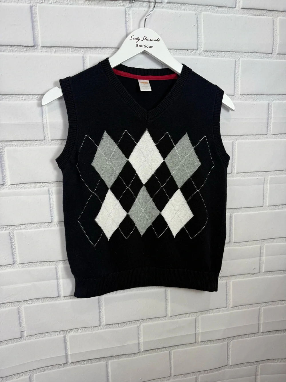 Gymboree Boys Argyle Sweater Vest Size 12 Black Gray White V-Neck Cotton Preppy